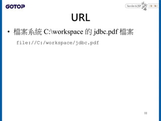 URL
• 檔案系統 C:workspace 的 jdbc.pdf 檔案
file://C:/workspace/jdbc.pdf
11
 