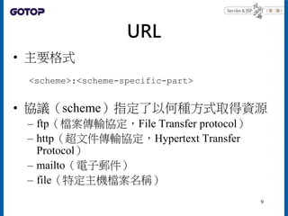 URL
• 主要格式
• 協議（scheme）指定了以何種方式取得資源
– ftp（檔案傳輸協定，File Transfer protocol）
– http（超文件傳輸協定，Hypertext Transfer
Protocol）
– mailto（電子郵件）
– file（特定主機檔案名稱）
<scheme>:<scheme-specific-part>
9
 