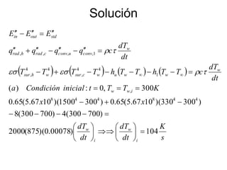 Solución
       
s
K
dt
dT
dt
dT
x
x
K
T
T
t
inicial
Condición
a
dt
dT
c
T
T
h
T
T
h
T
T
T
T
dt
dT
c
q
q
q
q
E
E
E
i
w
i
w
i
w
w
w
w
w
u
w
c
sur
w
h
sur
w
conv
u
conv
c
rad
h
rad
std
out
in
104
)
00078
.
0
)(
875
(
2000
)
700
300
(
4
)
700
300
(
8
)
300
330
)(
10
67
.
5
(
65
.
0
)
300
1500
)(
10
67
.
5
(
65
.
0
300
,
0
:
)
(
4
4
8
4
4
8
,
1
4
4
,
4
4
,
1
,
,
,
,






















































 





 