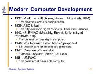 Chapter 1 Computer Systems 1-17
Modern Computer Development
 1937: Mark I is built (Aiken, Harvard University, IBM).
 First electronic computer using relays.
 1939: ABC is built
 First fully electronic digital computer. Used vacuum tubes.
 1943-46: ENIAC (Mauchly, Eckert, University of
Pennsylvania).
 First general purpose digital computer.
 1945: Von Neumann architecture proposed.
 Still the standard for present day computers.
 1947: Creation of transistor
 (Bardeen, Shockley, Brattain, Bell Labs).
 1951: UNIVAC.
 First commercially available computer.
 