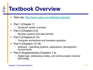 Chapter 1 Computer Systems 1-19
Textbook Overview
 Web site: http://www.wiley.com/college/englander
 Part 1 (Chapter 1)
 Computer system overview
 Part 2 (Chapters 2-5)
 Number systems and data formats
 Part 3 (Chapters 6-12)
 Computer architecture and hardware operation
 Part 4 (Chapters 13-18)
 Software – operating systems, applications, development
environments
 Part 5 (Supplementary Chapters 1-3)
 Digital logic, addressing modes, and communication channel
technology
 