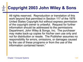 Chapter 1 Computer Systems 1-20
Copyright 2003 John Wiley & Sons
All rights reserved. Reproduction or translation of this
work beyond that permitted in Section 117 of the 1976
United States Copyright Act without express permission
of the copyright owner is unlawful. Request for further
information should be addressed to the permissions
Department, John Wiley & Songs, Inc. The purchaser
may make back-up copies for his/her own use only and
not for distribution or resale. The Publisher assumes no
responsibility for errors, omissions, or damages caused
by the use of these programs or from the use of the
information contained herein.”
 