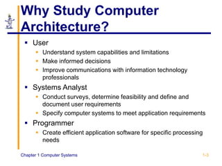 Chapter 1 Computer Systems 1-3
Why Study Computer
Architecture?
 User
 Understand system capabilities and limitations
 Make informed decisions
 Improve communications with information technology
professionals
 Systems Analyst
 Conduct surveys, determine feasibility and define and
document user requirements
 Specify computer systems to meet application requirements
 Programmer
 Create efficient application software for specific processing
needs
 