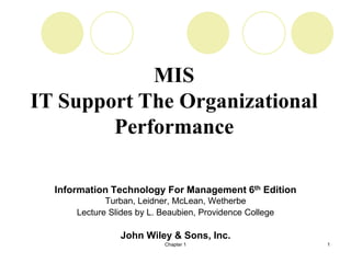 Chapter 1 1
Information Technology For Management 6th Edition
Turban, Leidner, McLean, Wetherbe
Lecture Slides by L. Beaubien, Providence College
John Wiley & Sons, Inc.
MIS
IT Support The Organizational
Performance
 
