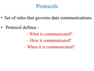 Protocols
• Set of rules that governs data communications.
• Protocol defines :
– What is communicated?
– How it communicated?
– When it is communicated?
 