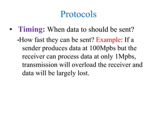 Protocols
• Timing: When data to should be sent?
•How fast they can be sent? Example: If a
sender produces data at 100Mpbs but the
receiver can process data at only 1Mpbs,
transmission will overload the receiver and
data will be largely lost.
 