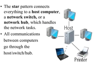 • The star pattern connects
everything to a host computer,
a network switch, or a
network hub, which handles
the network tasks.
• All communications
between computers
go through the
host/switch/hub.
 