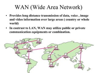 WAN (Wide Area Network)
• Provides long distance transmission of data, voice , image
and video information over large areas ( country or whole
world)
• In contrast to LAN, WAN may utilize public or private
communication equipments or combination.
 