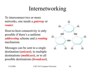 1/18/2006 CSCI 363 Computer Networks 90
Internetworking
To interconnect two or more
networks, one needs a gateway or
router.
Host-to-host connectivity is only
possible if there’s a uniform
addressing scheme and a routing
mechanism.
Messages can be sent to a single
destination (unicast), to multiple
destinations (multicast), or to all
possible destinations (broadcast).
 