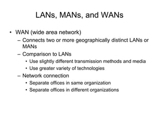 LANs, MANs, and WANs
• WAN (wide area network)
– Connects two or more geographically distinct LANs or
MANs
– Comparison to LANs
• Use slightly different transmission methods and media
• Use greater variety of technologies
– Network connection
• Separate offices in same organization
• Separate offices in different organizations
 