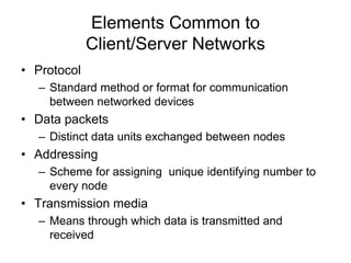 Elements Common to
Client/Server Networks
• Protocol
– Standard method or format for communication
between networked devices
• Data packets
– Distinct data units exchanged between nodes
• Addressing
– Scheme for assigning unique identifying number to
every node
• Transmission media
– Means through which data is transmitted and
received
 