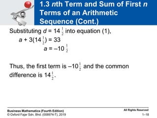All Rights Reserved
Business Mathematics (Fourth Edition)
© Oxford Fajar Sdn. Bhd. (008974-T), 2019 1–18
1.3 nth Term and Sum of First n
Terms of an Arithmetic
Sequence (Cont.)
Substituting d = 14 into equation (1),
a + 3(14 ) = 33
a = –10
Thus, the first term is –10 and the common
difference is 14 .
2
1
2
1
2
1
2
1
2
1
 