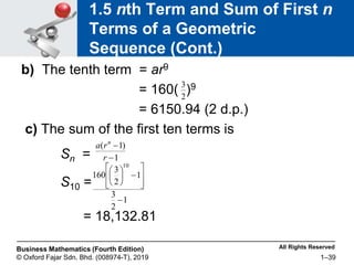 All Rights Reserved
Business Mathematics (Fourth Edition)
© Oxford Fajar Sdn. Bhd. (008974-T), 2019 1–39
1.5 nth Term and Sum of First n
Terms of a Geometric
Sequence (Cont.)
b) The tenth term = ar9
= 160( )9
= 6150.94 (2 d.p.)
c) The sum of the first ten terms is
Sn =
S10 =
= 18,132.81
2
3
1
)
1
(


r
r
a n
1
2
3
1
2
3
160
10
















 
