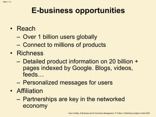 Dave Chaffey, E-Business and E-Commerce Management, 4th Edition, © Marketing Insights Limited 2009
Slide 1.13
E-business opportunities
• Reach
– Over 1 billion users globally
– Connect to millions of products
• Richness
– Detailed product information on 20 billion +
pages indexed by Google. Blogs, videos,
feeds…
– Personalized messages for users
• Affiliation
– Partnerships are key in the networked
economy
 