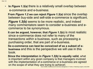 Dave Chaffey, E-Business and E-Commerce Management, 4th Edition, © Marketing Insights Limited 2009
Slide 1.20
• In Figure 1.3(a) there is a relatively small overlap between
e-commerce and e-business.
From Figure 1.2 we can reject Figure 1.3(a) since the overlap
between buy-side and sell-side e-commerce is significant.
Figure 1.3(b) seems to be more realistic, and indeed
many commentators seem to consider e-business and e-
commerce to be synonymous.
It can be argued, however, that Figure 1.3(c) is most realistic
since e-commerce does not refer to many of the
transactions within a business, such as processing a
purchasing order, that are part of e-business.
So e-commerce can best be conceived of as a subset of e-
business and this is the perspective we will use in this
book.
Since the interpretation in Figure 1.3(b) is equally valid, what
is important within any given company is that managers involved
with the implementation of e-commerce or e-business are agreed
on the scope of what they are trying to achieve!.
 