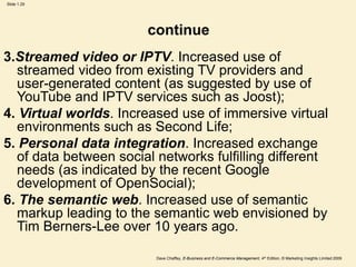 Dave Chaffey, E-Business and E-Commerce Management, 4th Edition, © Marketing Insights Limited 2009
Slide 1.29
continue
3.Streamed video or IPTV. Increased use of
streamed video from existing TV providers and
user-generated content (as suggested by use of
YouTube and IPTV services such as Joost);
4. Virtual worlds. Increased use of immersive virtual
environments such as Second Life;
5. Personal data integration. Increased exchange
of data between social networks fulfilling different
needs (as indicated by the recent Google
development of OpenSocial);
6. The semantic web. Increased use of semantic
markup leading to the semantic web envisioned by
Tim Berners-Lee over 10 years ago.
 