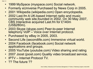 Dave Chaffey, E-Business and E-Commerce Management, 4th Edition, © Marketing Insights Limited 2009
Slide 1.8
• 1999 MySpace (myspace.com) Social network.
• Formerly eUniverse Purchased by News Corp in 2005.
• 2001 Wikipedia (wikipedia.com) Open encyclopedia.
• 2002 Last.fm A UK-based Internet radio and music
community web site,founded in 2002. On 30 May 2007,
CBS Interactive acquired Last.fm for £140m
(US$280m).
• 2003 Skype (skype.com) Peer-to-peer Internet
telephony VoIP – Voice over Internet protocol.
• Purchased by eBay in 2005, 2003.
• Second Life (secondlife.com) Immersive virtual world.
• 2004 Facebook (facebook.com) Social network
applications and groups.
• 2005 YouTube (youtube.com) Video sharing and rating
• 2007 Joost (joost.com) Quality video broadcast service.
• IPTV – Internet Protocol TV.
• ?? The future ??
 