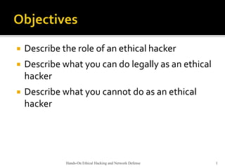 Hands-On Ethical Hacking and Network Defense 1
 Describe the role of an ethical hacker
 Describe what you can do legally as an ethical
hacker
 Describe what you cannot do as an ethical
hacker
 