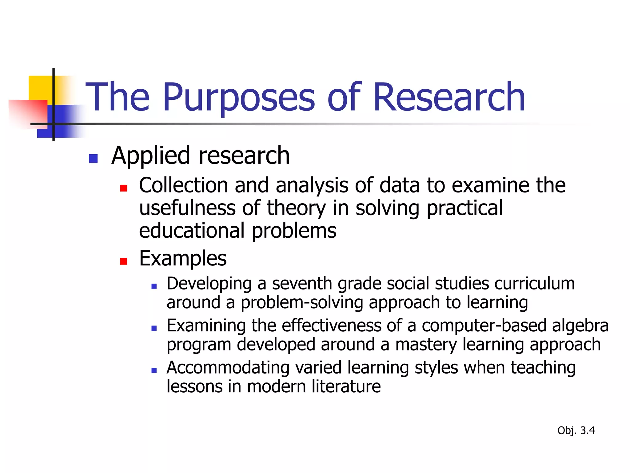 The Purposes of Research
 Applied research
 Collection and analysis of data to examine the
usefulness of theory in solving practical
educational problems
 Examples
 Developing a seventh grade social studies curriculum
around a problem-solving approach to learning
 Examining the effectiveness of a computer-based algebra
program developed around a mastery learning approach
 Accommodating varied learning styles when teaching
lessons in modern literature
Obj. 3.4
 