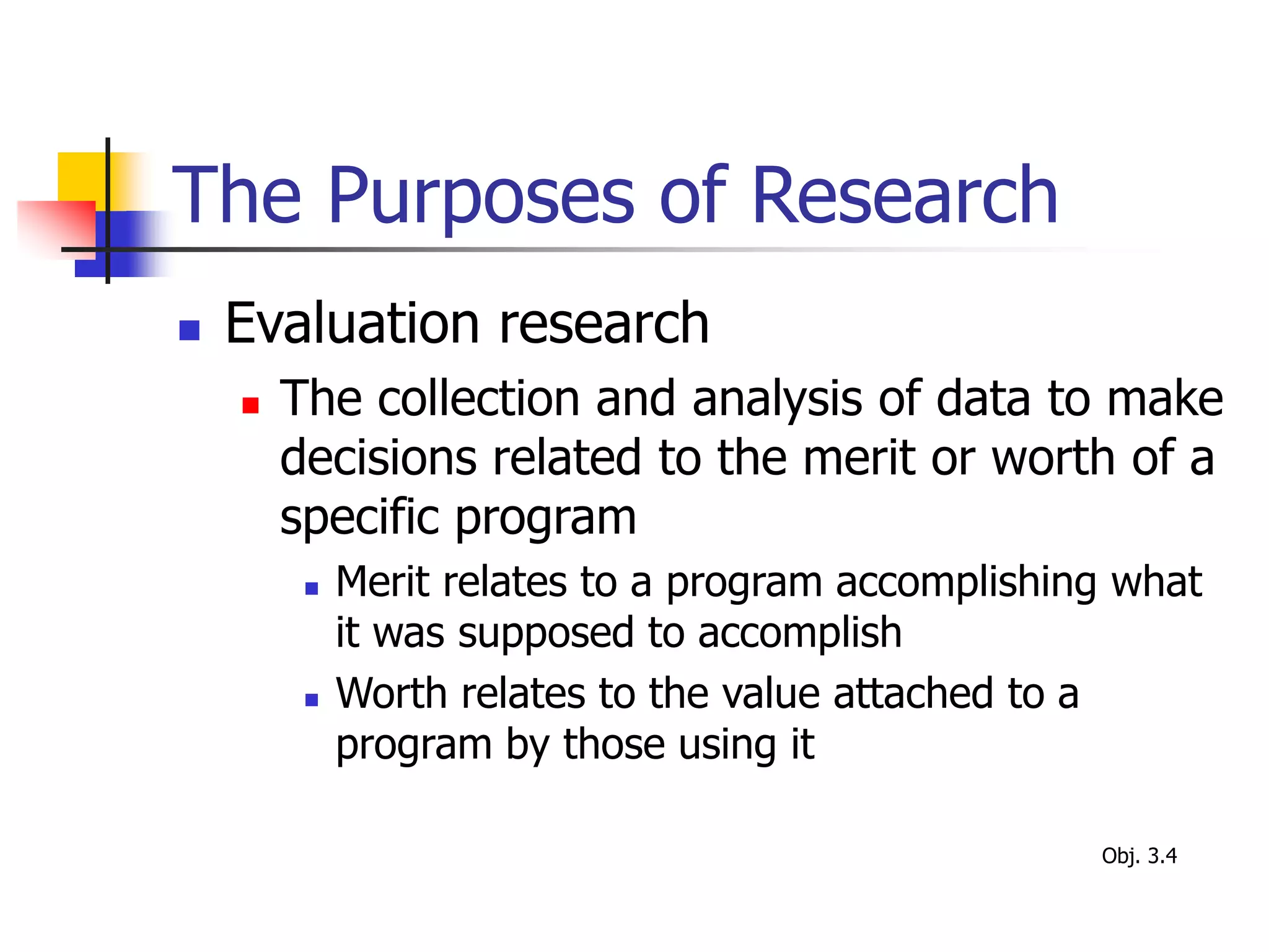 The Purposes of Research
 Evaluation research
 The collection and analysis of data to make
decisions related to the merit or worth of a
specific program
 Merit relates to a program accomplishing what
it was supposed to accomplish
 Worth relates to the value attached to a
program by those using it
Obj. 3.4
 