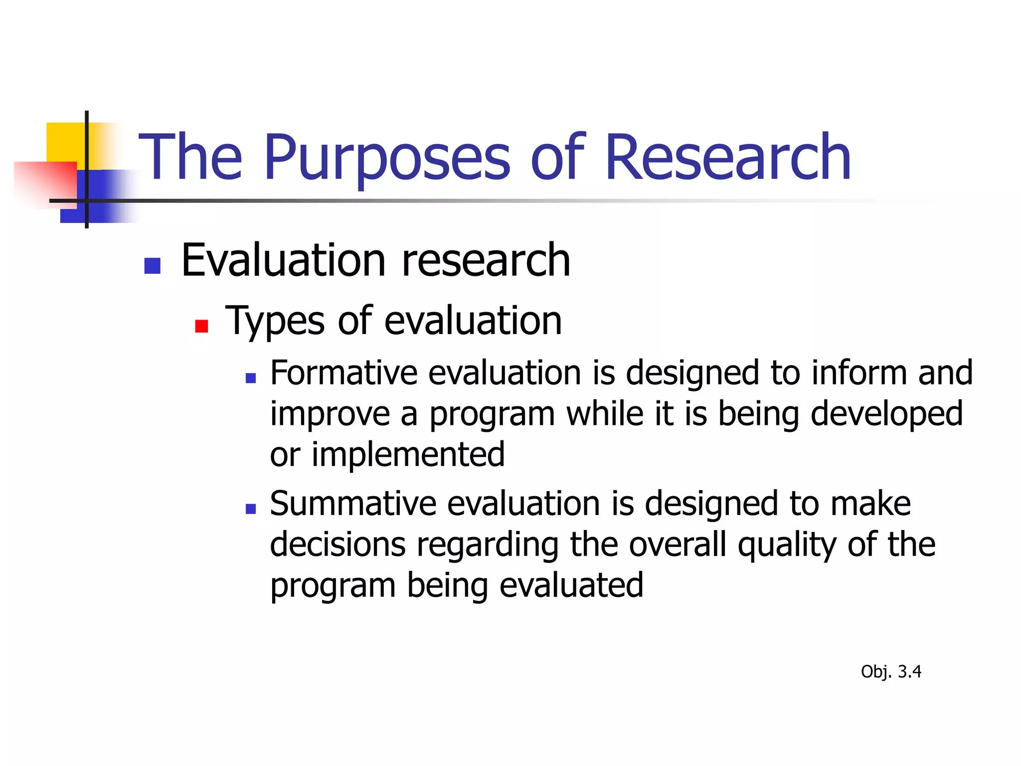 The Purposes of Research
 Evaluation research
 Types of evaluation
 Formative evaluation is designed to inform and
improve a program while it is being developed
or implemented
 Summative evaluation is designed to make
decisions regarding the overall quality of the
program being evaluated
Obj. 3.4
 