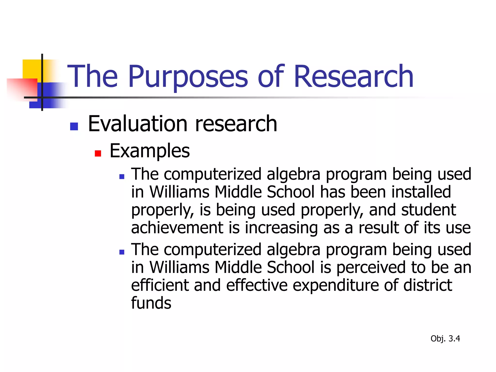 The Purposes of Research
 Evaluation research
 Examples
 The computerized algebra program being used
in Williams Middle School has been installed
properly, is being used properly, and student
achievement is increasing as a result of its use
 The computerized algebra program being used
in Williams Middle School is perceived to be an
efficient and effective expenditure of district
funds
Obj. 3.4
 
