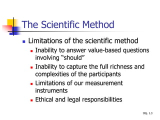 The Scientific Method
 Limitations of the scientific method
 Inability to answer value-based questions
involving “should”
 Inability to capture the full richness and
complexities of the participants
 Limitations of our measurement
instruments
 Ethical and legal responsibilities
Obj. 1.3
 