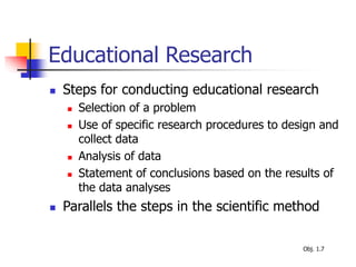 Educational Research
 Steps for conducting educational research
 Selection of a problem
 Use of specific research procedures to design and
collect data
 Analysis of data
 Statement of conclusions based on the results of
the data analyses
 Parallels the steps in the scientific method
Obj. 1.7
 