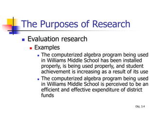 The Purposes of Research
 Evaluation research
 Examples
 The computerized algebra program being used
in Williams Middle School has been installed
properly, is being used properly, and student
achievement is increasing as a result of its use
 The computerized algebra program being used
in Williams Middle School is perceived to be an
efficient and effective expenditure of district
funds
Obj. 3.4
 