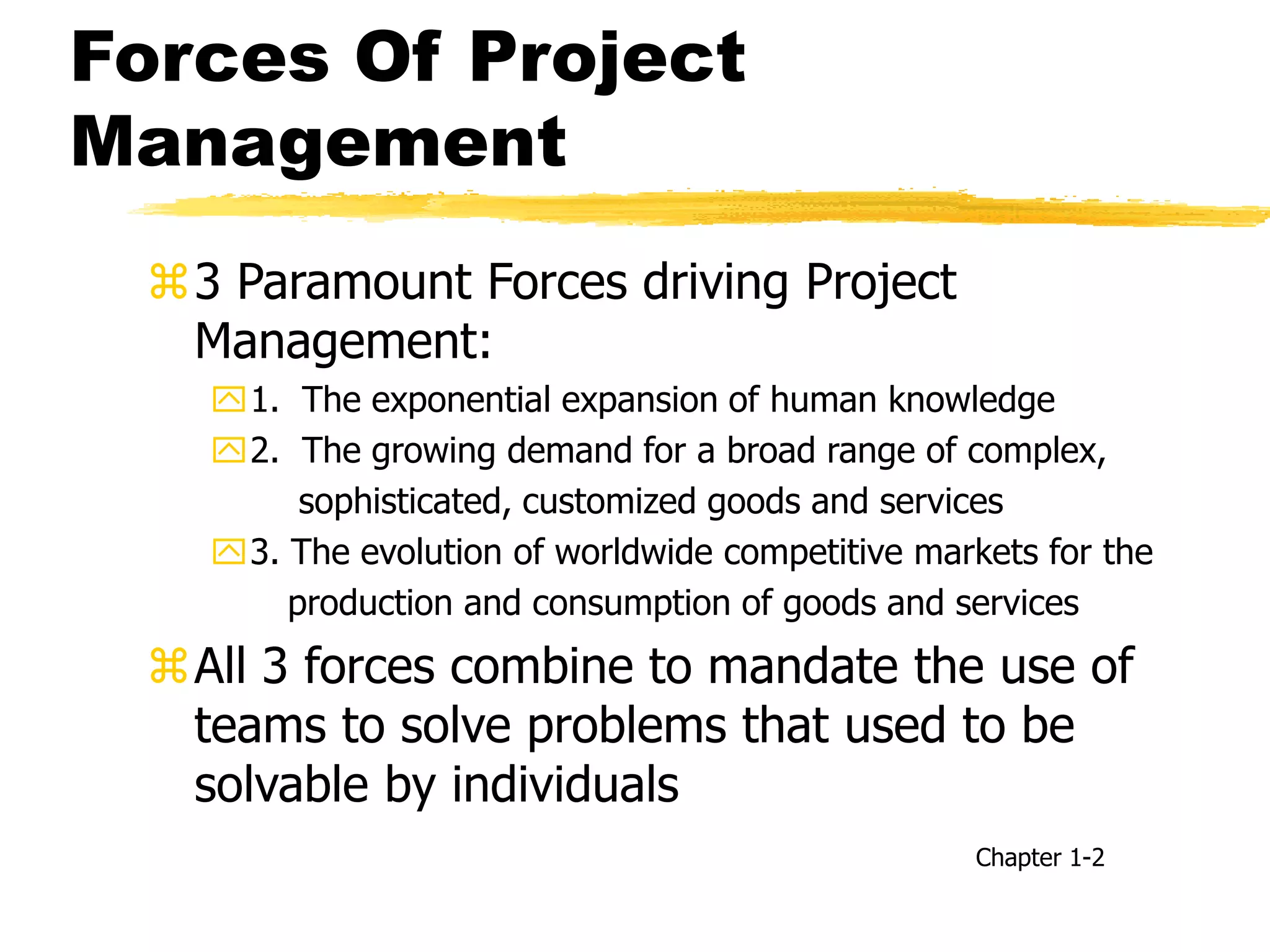 Forces Of Project
Management
3 Paramount Forces driving Project
Management:
1. The exponential expansion of human knowledge
2. The growing demand for a broad range of complex,
sophisticated, customized goods and services
3. The evolution of worldwide competitive markets for the
production and consumption of goods and services
All 3 forces combine to mandate the use of
teams to solve problems that used to be
solvable by individuals
Chapter 1-2
 