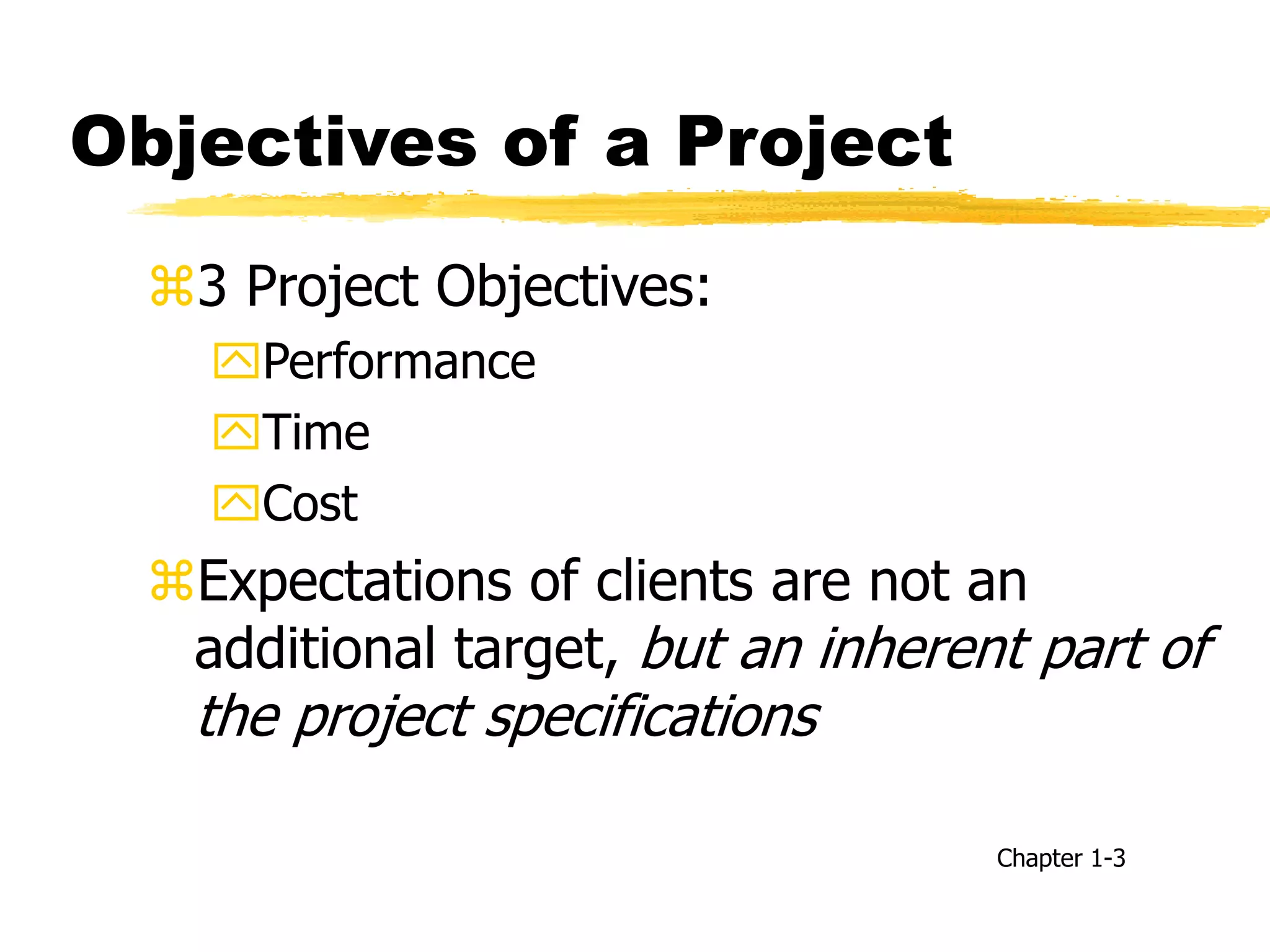 Objectives of a Project
3 Project Objectives:
Performance
Time
Cost
Expectations of clients are not an
additional target, but an inherent part of
the project specifications
Chapter 1-3
 