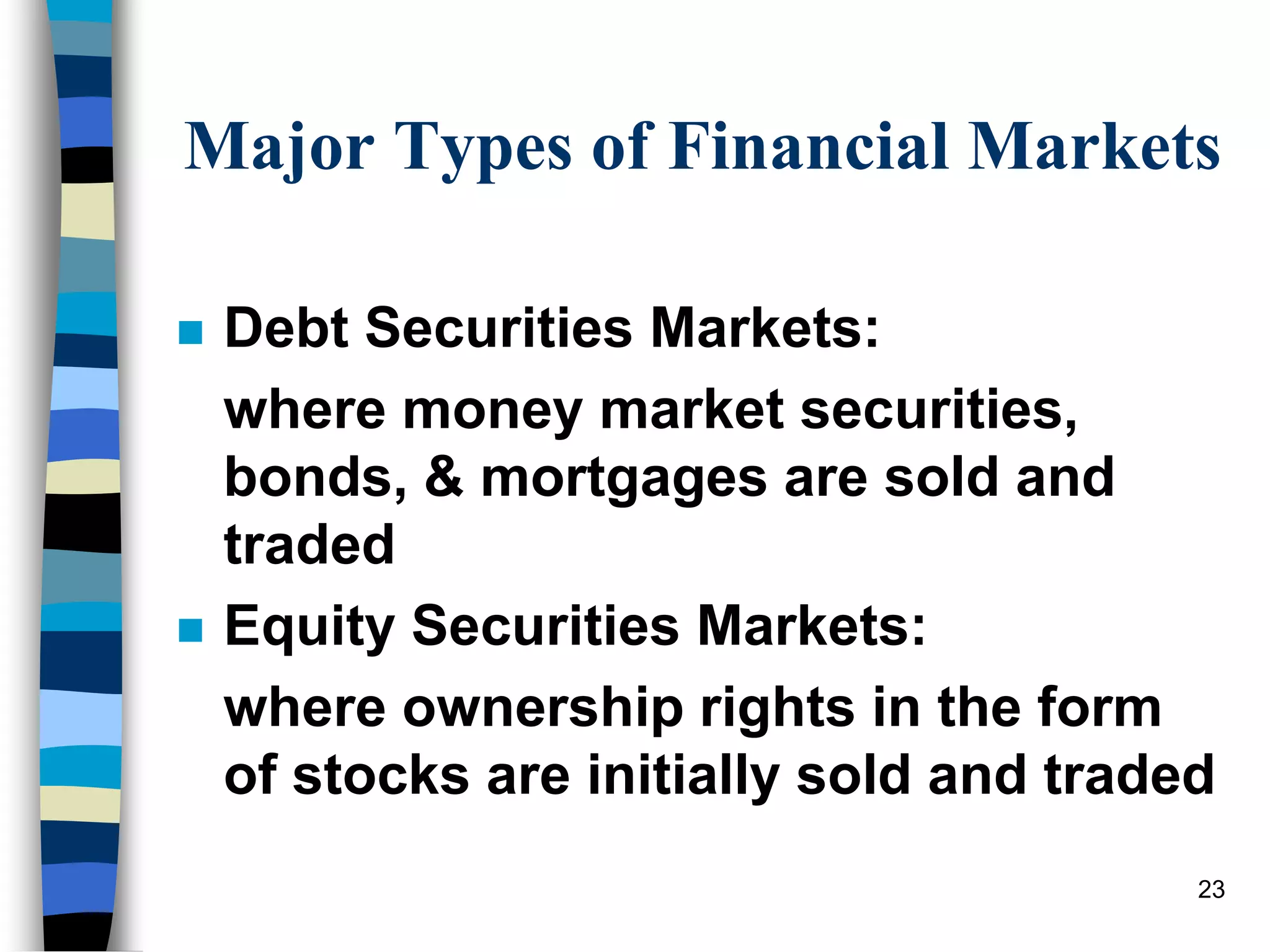 Major Types of Financial Markets
 Debt Securities Markets:
where money market securities,
bonds, & mortgages are sold and
traded
 Equity Securities Markets:
where ownership rights in the form
of stocks are initially sold and traded
23
 