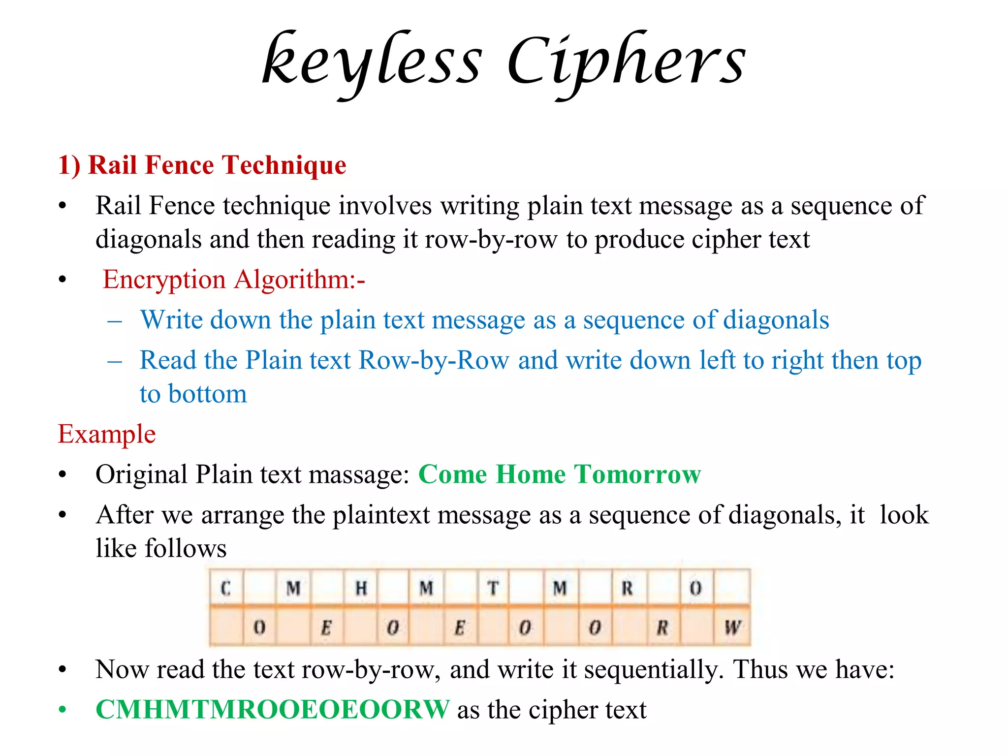 keyless Ciphers
1) Rail Fence Technique
• Rail Fence technique involves writing plain text message as a sequence of
diagonals and then reading it row-by-row to produce cipher text
• Encryption Algorithm:-
– Write down the plain text message as a sequence of diagonals
– Read the Plain text Row-by-Row and write down left to right then top
to bottom
Example
• Original Plain text massage: Come Home Tomorrow
• After we arrange the plaintext message as a sequence of diagonals, it look
like follows
• Now read the text row-by-row, and write it sequentially. Thus we have:
• CMHMTMROOEOEOORW as the cipher text
 