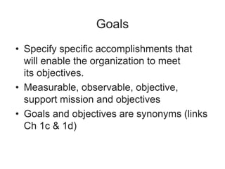 Goals
• Specify specific accomplishments that
will enable the organization to meet
its objectives.
• Measurable, observable, objective,
support mission and objectives
• Goals and objectives are synonyms (links
Ch 1c & 1d)
 