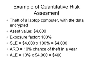 Example of Quantitative Risk
Assesment
• Theft of a laptop computer, with the data
encrypted
• Asset value: $4,000
• Exposure factor: 100%
• SLE = $4,000 x 100% = $4,000
• ARO = 10% chance of theft in a year
• ALE = 10% x $4,000 = $400
 