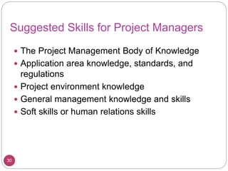 Suggested Skills for Project Managers
 The Project Management Body of Knowledge
 Application area knowledge, standards, and
regulations
 Project environment knowledge
 General management knowledge and skills
 Soft skills or human relations skills
30
 