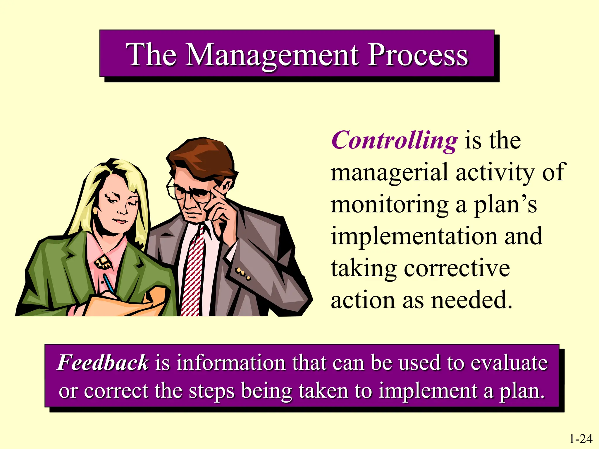 1-24
The Management Process
Controlling is the
managerial activity of
monitoring a plan’s
implementation and
taking corrective
action as needed.
Control is usually achieved with the use of feedback.
Feedback is information that can be used to evaluate
or correct the steps being taken to implement a plan.
 