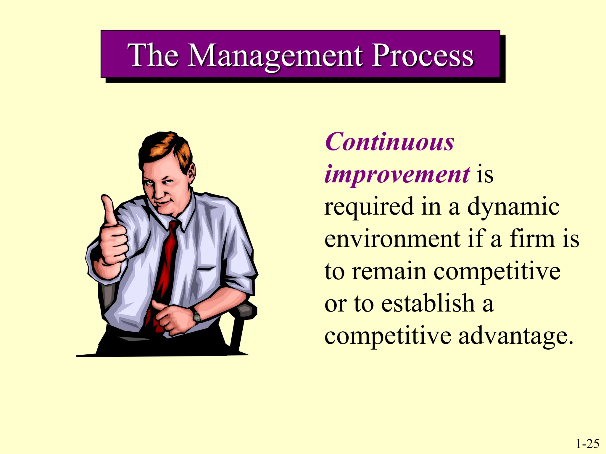 1-25
The Management Process
Continuous
improvement is
required in a dynamic
environment if a firm is
to remain competitive
or to establish a
competitive advantage.
 