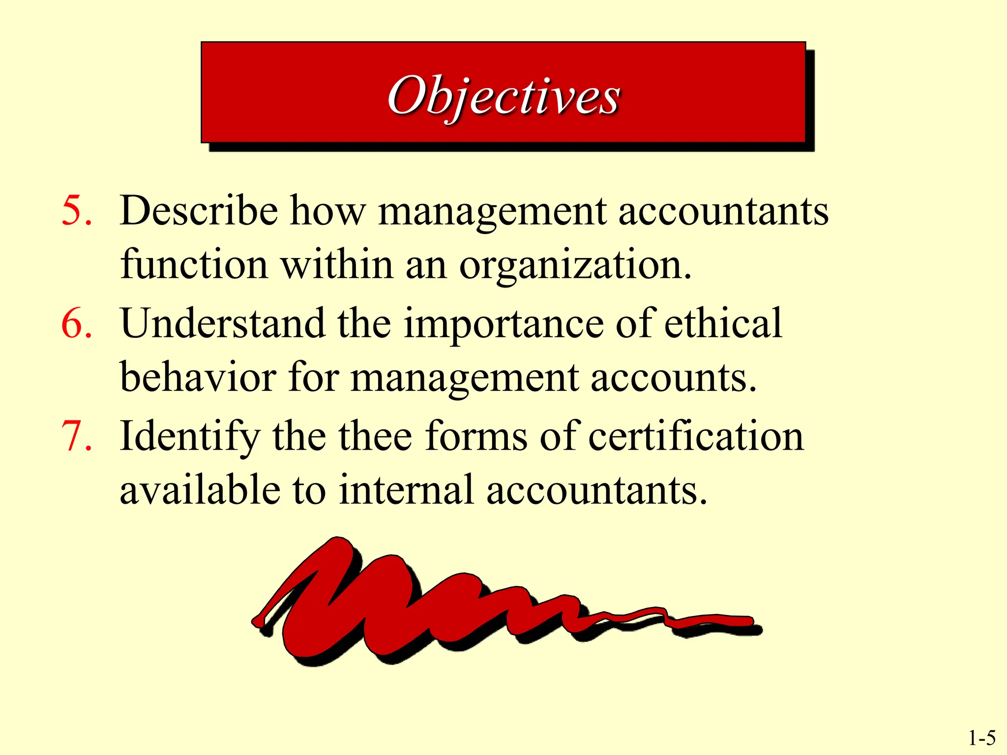 1-5
5. Describe how management accountants
function within an organization.
6. Understand the importance of ethical
behavior for management accounts.
7. Identify the thee forms of certification
available to internal accountants.
Objectives
 