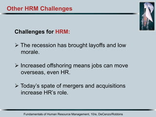 Fundamentals of Human Resource Management, 10/e, DeCenzo/Robbins
Other HRM Challenges
Challenges for HRM:
 The recession has brought layoffs and low
morale.
 Increased offshoring means jobs can move
overseas, even HR.
 Today’s spate of mergers and acquisitions
increase HR’s role.
 