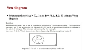 Ven diagram
• Represent the sets A = {0, 1} and B = {0, 1, 2, 3, 4} using a Venn
diagram
 