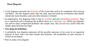 Three Diagram
• A tree diagram represents the hierarchy of the events that need to be completed when solving
a problem. The tree diagram starts with one node, and each node has its branches that further
extend into more branches, and a tree-like structure is formed.
• In mathematics, tree diagrams make it easy to visualize and solve probability problems. They
are a significant tool in breaking the problem down in a schematic way. While tree diagrams
can convert many complicated problems into simple ones, they are not very useful when the
sample space becomes too large.
• Tree diagram definition:
• A probability tree diagram represents all the possible outcomes of an event in an organized
manner. It starts with a dot and extends into branches. The probability of each outcome is
written on its branch.
• How to make a tree diagram
 