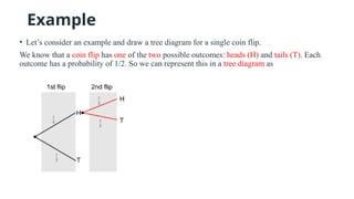 Example
• Let’s consider an example and draw a tree diagram for a single coin flip.
We know that a coin flip has one of the two possible outcomes: heads (H) and tails (T). Each
outcome has a probability of 1/2. So we can represent this in a tree diagram as
 