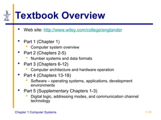 Chapter 1 Computer Systems 1-19
Textbook Overview
 Web site: http://www.wiley.com/college/englander
 Part 1 (Chapter 1)
 Computer system overview
 Part 2 (Chapters 2-5)
 Number systems and data formats
 Part 3 (Chapters 6-12)
 Computer architecture and hardware operation
 Part 4 (Chapters 13-18)
 Software – operating systems, applications, development
environments
 Part 5 (Supplementary Chapters 1-3)
 Digital logic, addressing modes, and communication channel
technology
 