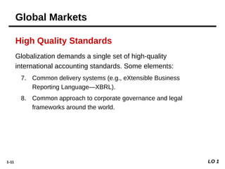 1-11
High Quality Standards
LO 1
Global Markets
Globalization demands a single set of high-quality
international accounting standards. Some elements:
7. Common delivery systems (e.g., eXtensible Business
Reporting Language—XBRL).
8. Common approach to corporate governance and legal
frameworks around the world.
 