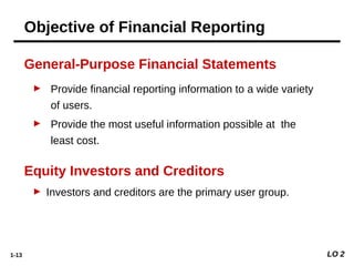 1-13
Equity Investors and Creditors
► Investors and creditors are the primary user group.
General-Purpose Financial Statements
► Provide financial reporting information to a wide variety
of users.
► Provide the most useful information possible at the
least cost.
LO 2
Objective of Financial Reporting
 
