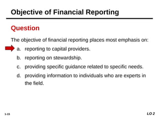 1-15
The objective of financial reporting places most emphasis on:
a. reporting to capital providers.
b. reporting on stewardship.
c. providing specific guidance related to specific needs.
d. providing information to individuals who are experts in
the field.
Question
LO 2
Objective of Financial Reporting
 