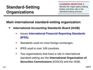 1-17
LEARNING OBJECTIVE 3
Identify the major policy-setting
bodies and their role in the
standard-setting process.
Main international standard-setting organization:
► International Accounting Standards Board (IASB)
● Issues International Financial Reporting Standards
(IFRS).
● Standards used on most foreign exchanges.
● IFRS used in over 149 countries.
● Two organizations that have a role in international
standard-setting are the International Organization of
Securities Commissions (IOSCO) and the IASB.
Standard-Setting
Organizations
LO 3
 