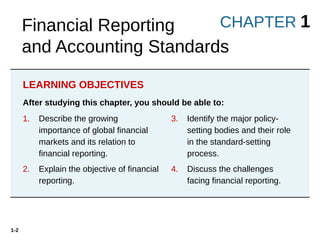 1-2
1. Describe the growing
importance of global financial
markets and its relation to
financial reporting.
2. Explain the objective of financial
reporting.
3. Identify the major policy-
setting bodies and their role
in the standard-setting
process.
4. Discuss the challenges
facing financial reporting.
After studying this chapter, you should be able to:
Financial Reporting
and Accounting Standards
CHAPTER 1
LEARNING OBJECTIVES
 