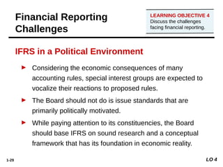 1-29
Financial Reporting
Challenges
IFRS in a Political Environment
LO 4
LEARNING OBJECTIVE 4
Discuss the challenges
facing financial reporting.
► Considering the economic consequences of many
accounting rules, special interest groups are expected to
vocalize their reactions to proposed rules.
► The Board should not do is issue standards that are
primarily politically motivated.
► While paying attention to its constituencies, the Board
should base IFRS on sound research and a conceptual
framework that has its foundation in economic reality.
 